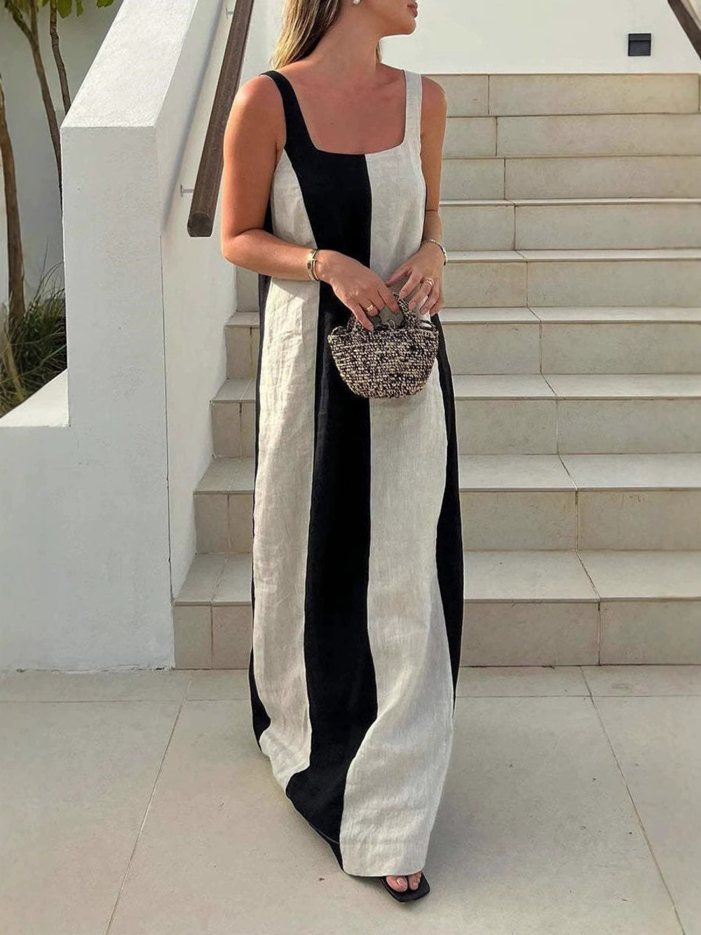 ZARA Womens Summer Elegant Backless Color Block Cotton Linen Maxi Dress